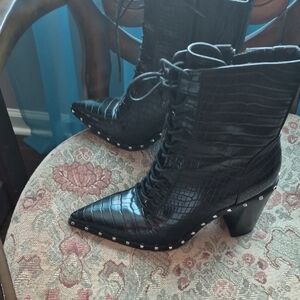 Black Croc-Embossed Lace-Up Ankle Boots